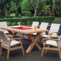 Mandalay Cross Leg Outdoor Teak Dining Table 210x100cm - Balmoral Natural Chair. mood