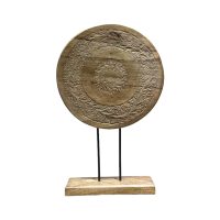 Carved timber disc on stand large iMG1